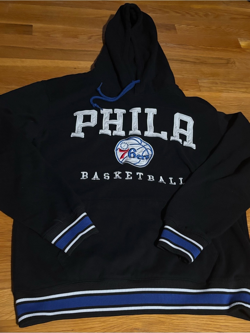 Phila 76ers Black Hoodie with Royal Blue Drawstring and White Lettering